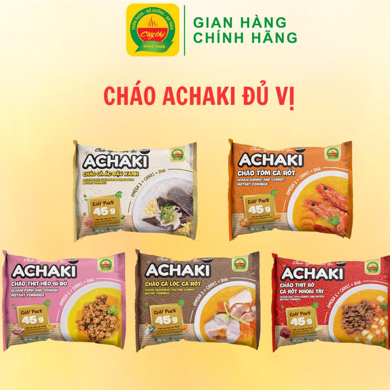 Combo 5 Gói Cháo Ngon Tiện Lợi Achaki: Tôm Cà Rốt, Thịt Heo Bí Đỏ, Thịt Bò Cà Rốt Khoai Tây, Gà Ác Đậu Xanh, Cá Lóc Cà Rốt