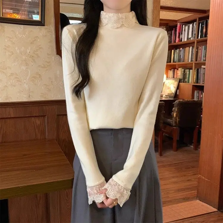 Áo Lớp Nền Dài Tay, Thời Trang Phong Cách Hàn Quốc, Khâu Ren, Dễ Phối Đồ, Áo Cánh Thiết Kế Dralon, Dành Cho Nữ, Thích Hợp Cho Mùa Thu Và Mùa Đông, 2024 Top Women