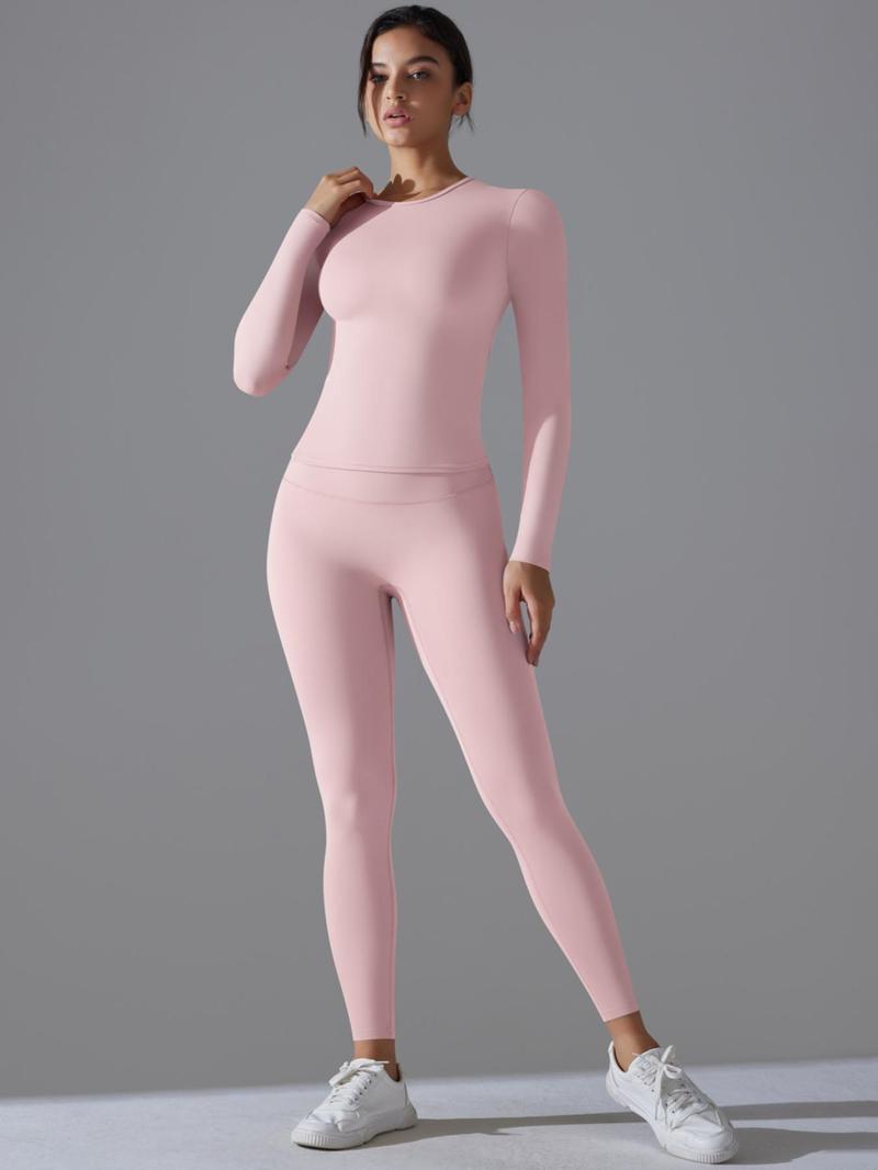 Product Introduction of Women's Solid Long Sleeve Tee & Leggings Sports Set, Sporty Casual Comfy Breathable Two-piece Outfits for Yoga Gym Workout Running Fitness, Ladies Sportswear for All Seasons, High Stretch Tracksuit 1