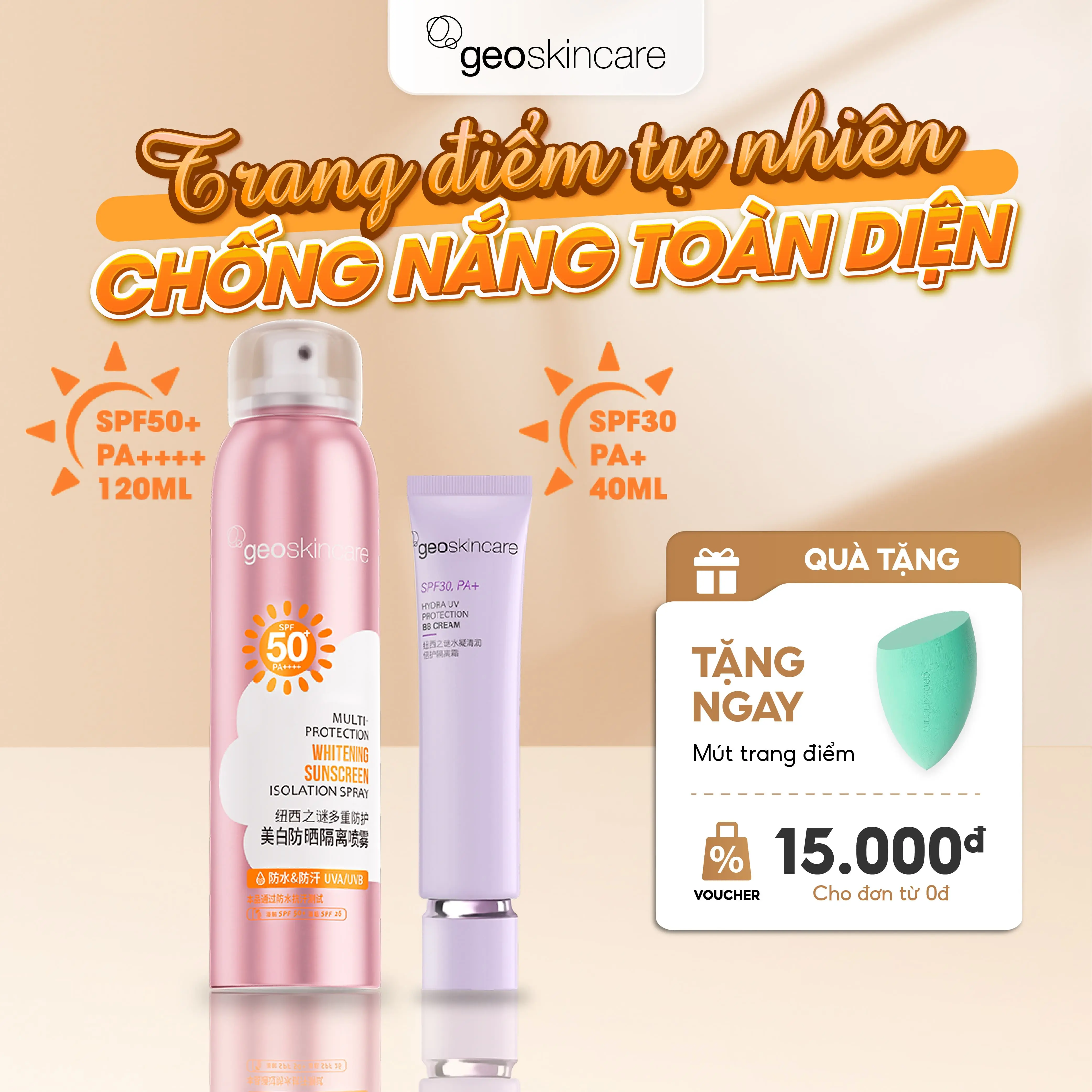 Combo Xịt Chống Nắng SPF 50+ PA++++ Và Kem lót SPF Geoskincare Nâng Tone Tự Nhiên, Kháng Nước Và Mồ Hôi