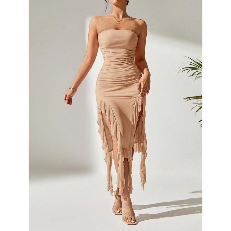 Ruched Split Thigh Ruffle Trim Tube Dress,Pastel Dresses For Women 4