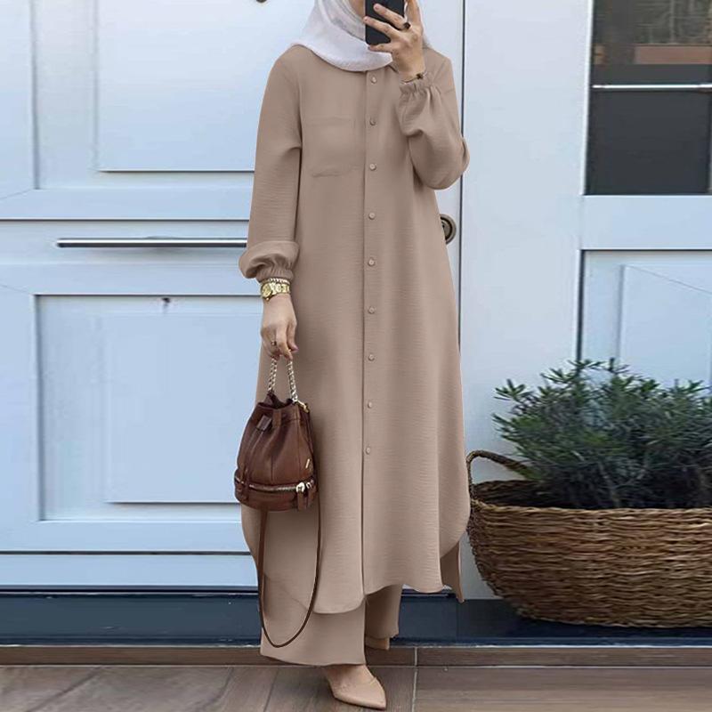 Product Introduction of Hot Sale Muslim Women's Wear Discount for Arabic Style Two-Piece Suit Spring and Autumn New Long Sleeve Shirt Trousers Suit 5