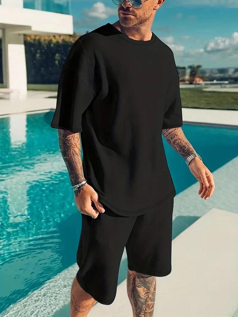 Product Introduction of 2 Piece Set Men's Solid Round Neck Tee & Drawstring Waist Shorts Set, Regular Fit Crew Neck Short Sleeve T-shirt & Pocket Shorts, Casual Fashion Cozy Breathable Men Two-piece Outfits for Summer 9