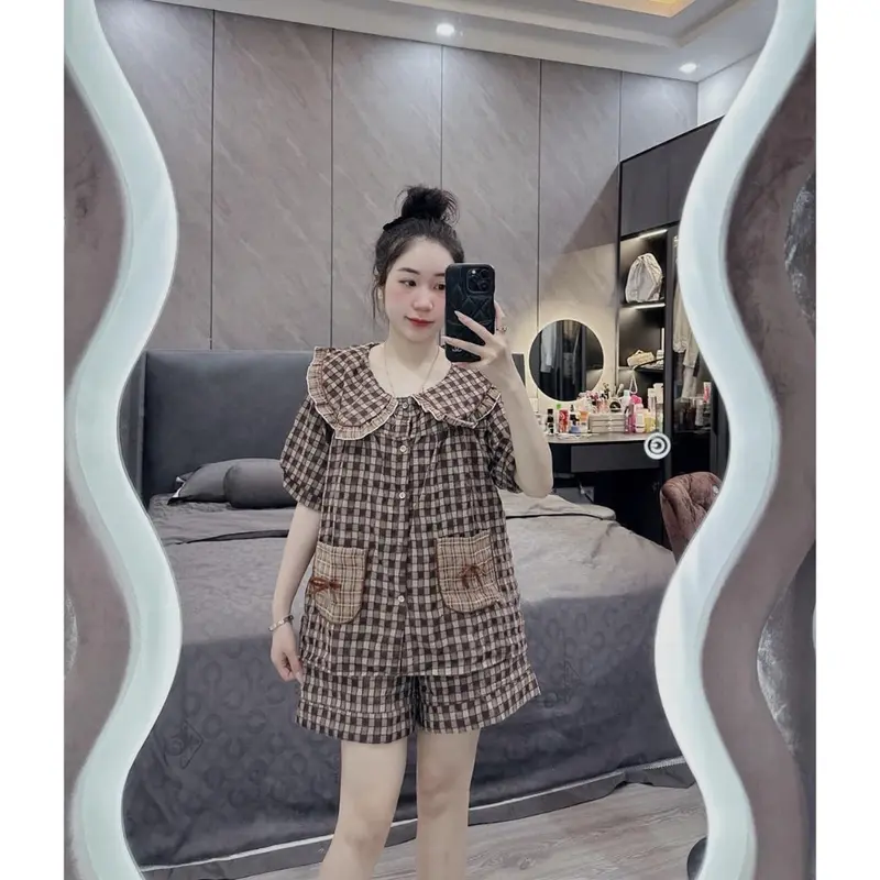 bộ ngủ pijama nữ mùa hè mặc nhà dễ thương  tiểu thư nữ quần đùi áo cộc đũi gân nhung sz(40-58) 0