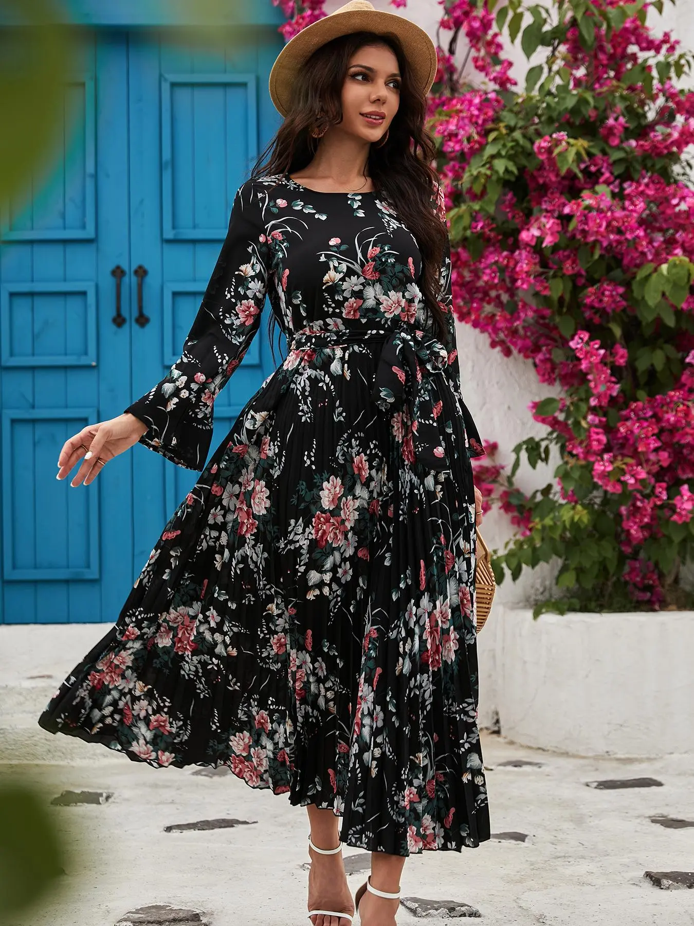 Women's Floral Flounce Sleeve Pleated A-line Dress with Belt, Elegant Sun Dress, Long Sleeve Chiffon Long Dresses That Hide Tummy, Summer Outfits 2024, Summer Dresses 2024, Birthday Dresses 2024 Frenchy Style
