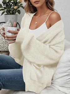 YOZY Drop Shoulder Pocket Cardigan, Casual Solid Long Sleeve Open Front Knitwear, 2024 Women's Daily Holiday Outdoor Wear for Spring & Autumn