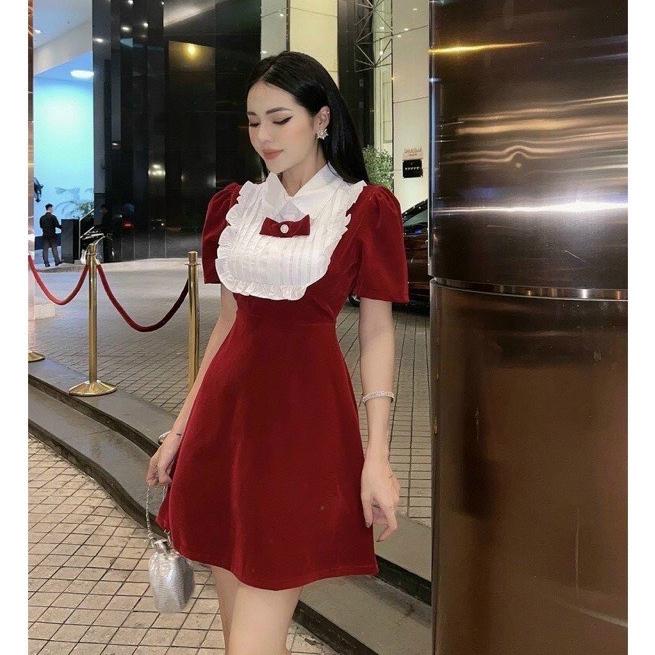 Váy nhung phối bèo nơ thiết kế thời trang thanh lịch TTN395 Nữ Dress Women Kem Màu Đỏ