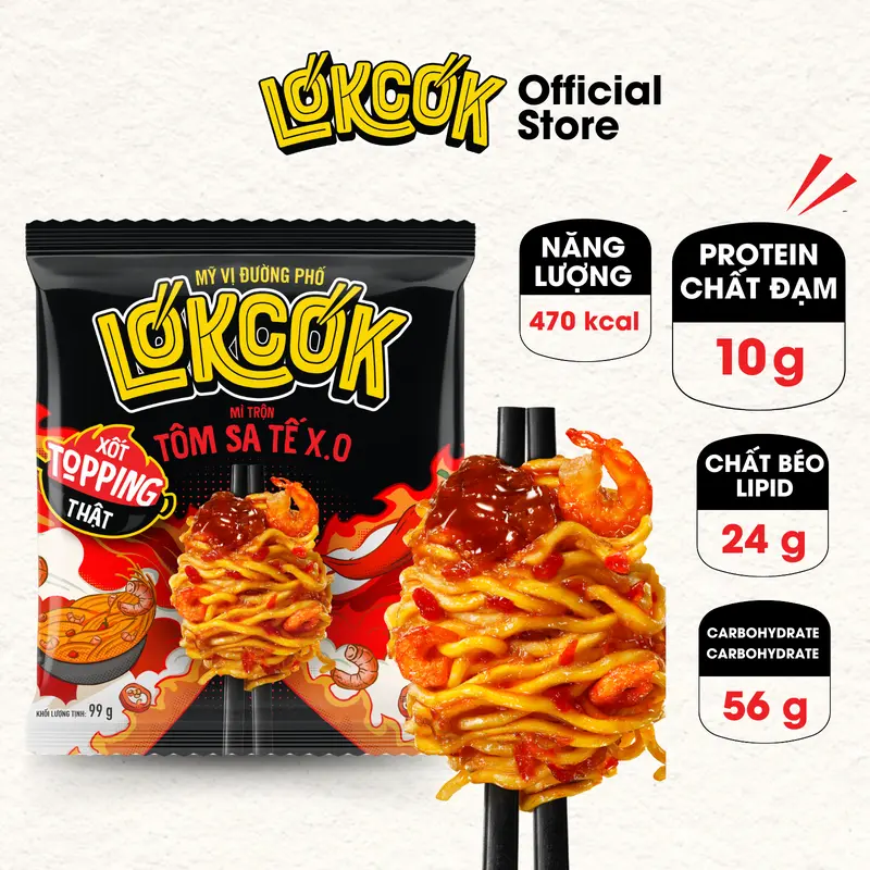 [Chính Hãng] Mì Trộn Tôm Sa Tế X.O Xốt Topping Thật LÓKCÓK (99 gram) Food Thức Ăn Cay 2