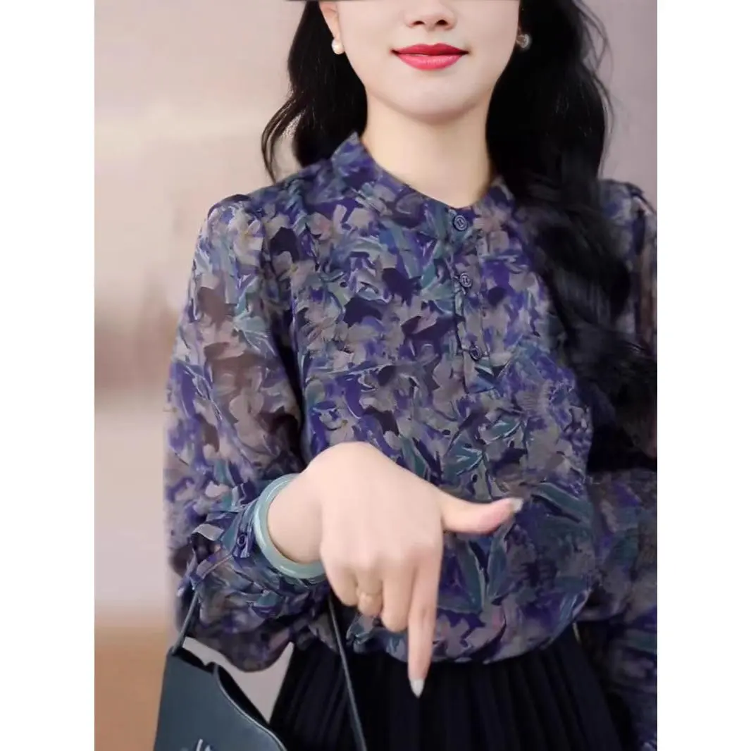 Áo Sơ Mi Dài Tay Mùa Hè, Phong Cách Hàn Quốc, Thường Ngày, Làm Bằng Lụa Lạnh Mát Mẻ, Thoải Mái, Áo Sơ Mi In Hoa Dễ Phối Đồ, In Màu Hoa Oải Hương, Mỏng Và Thời Trang, Hàng Đầu