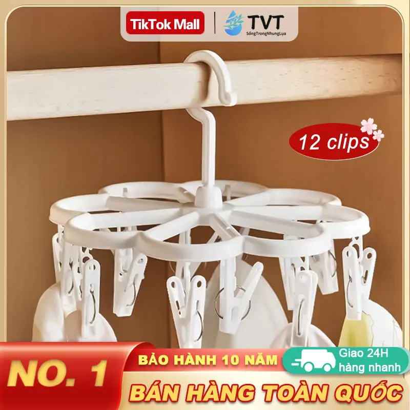 TVT Móc Chùm Nhựa Vòng tròn 12 Kẹp Treo Phơi Tắt, Vớ, Áo Ngực, Quần Lót - Móc Treo Quần Áo Thông Minh 12 Kẹp