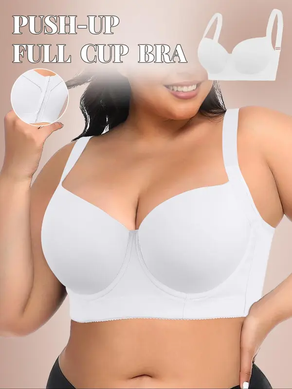【Plus Size】 Solid Underwire Bra, Casual Basic Comfortable Curvy Breathable Full Coverage Bra for Daily Wear, Women's Plus Size Lingerie for All Seasons 1