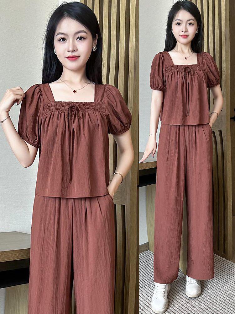Product Introduction of [Ladies Fashion] plus Size Korean Style Fashion Square Collar Short Sleeve + Wide Leg Pants Casual Two-Piece Suit Women's 2024 Summer New Ins Design Sense 13