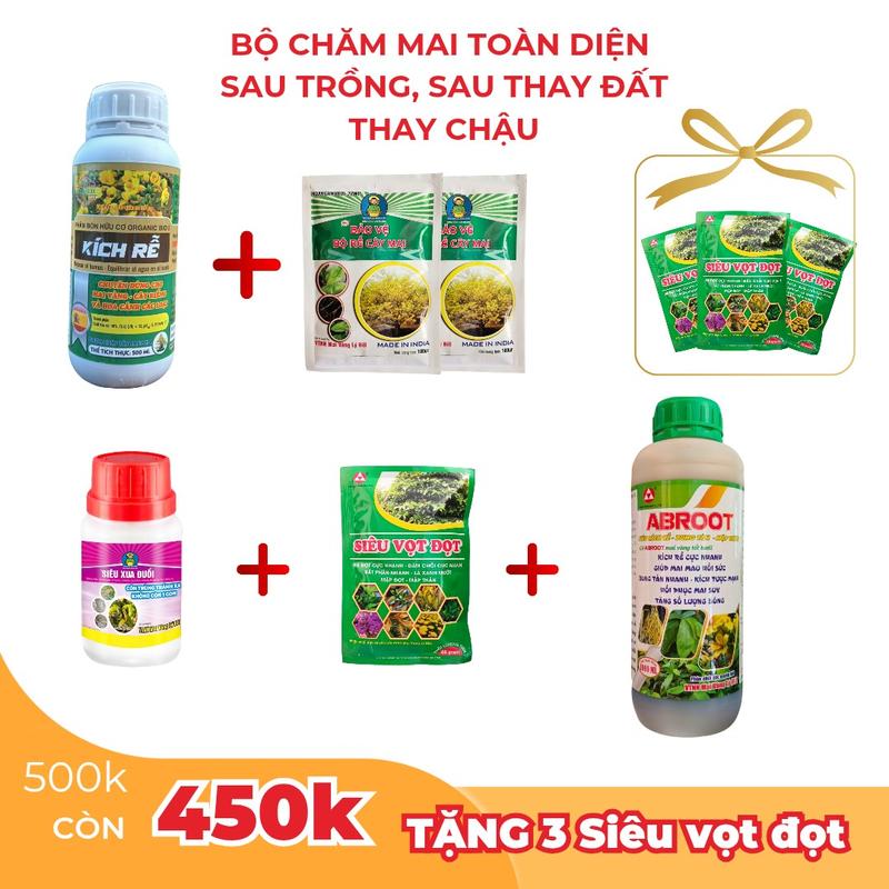 Bộ Chăm Mai Toàn Diện Sau Trồng, sau thay đất thay chậu, Giúp bộ rễ phát triển mạnh, cây bung chồi nhiều mập chồi,  giúp Cây nhanh phát, Bộ gồm: 1 Chai kích rễ 500ml, 2 Bảo Vệ bộ rễ , 1 Siêu xua đuổi, 4 Siêu Vọt đọt , 1lit Abroot bung tàn mập