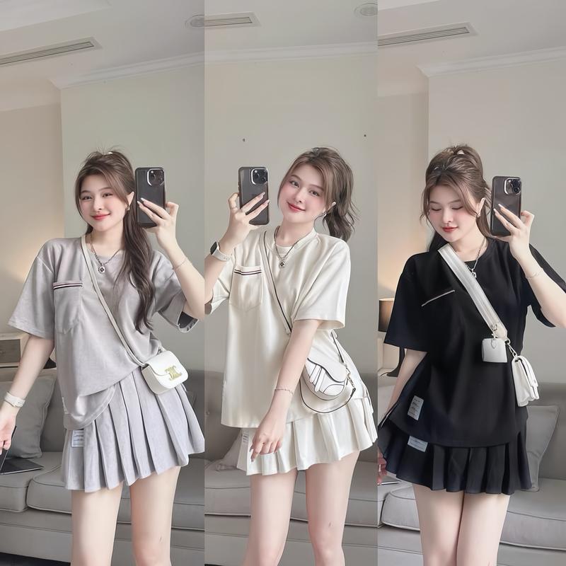 Set đồ nữ áo thun tay ngắn kèm chân váy xếp ly [ có lót ] cùng 3 tone màu xinh xắn dành cho các nàng đi chơi, đi tiệc. Women Top