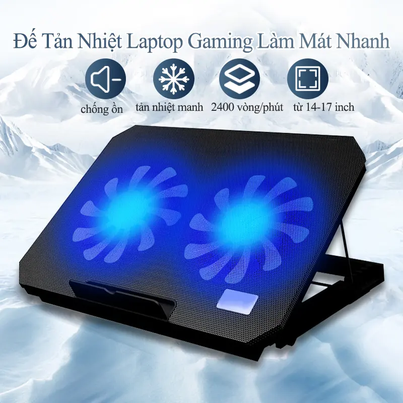 Đế tản nhiệt laptop có 2 quạt làm mát nhanh đèn led gaming,giá đỡ tản nhiệt có nấc nâng lên hạ xuống giúp mát máy tăng fps giảm giật lag cho văn phòng game thủ