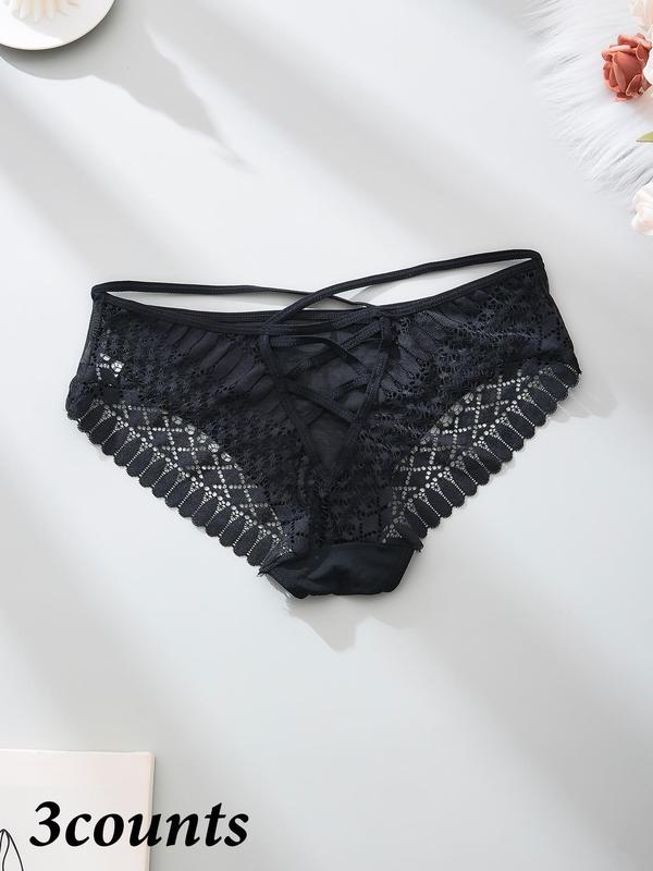 【Plus Size】  Floral Detail Contrast Mesh Lace Up Panty, Solid Color Sheer Fabric Knicker for All Seasons, Comfy Breathable Underwear for Women 6