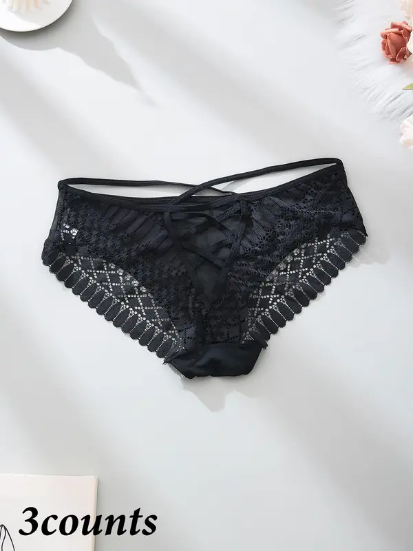 【Plus Size】  Floral Detail Contrast Mesh Lace Up Panty, Solid Color Sheer Fabric Knicker for All Seasons, Comfy Breathable Underwear for Women 5
