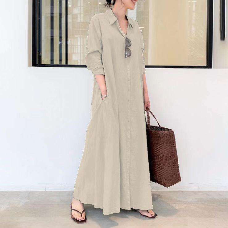 Product Introduction of Women European and American style cotton linen solid color lapel long sleeve insert bag simple loose casual long shirt dress 58