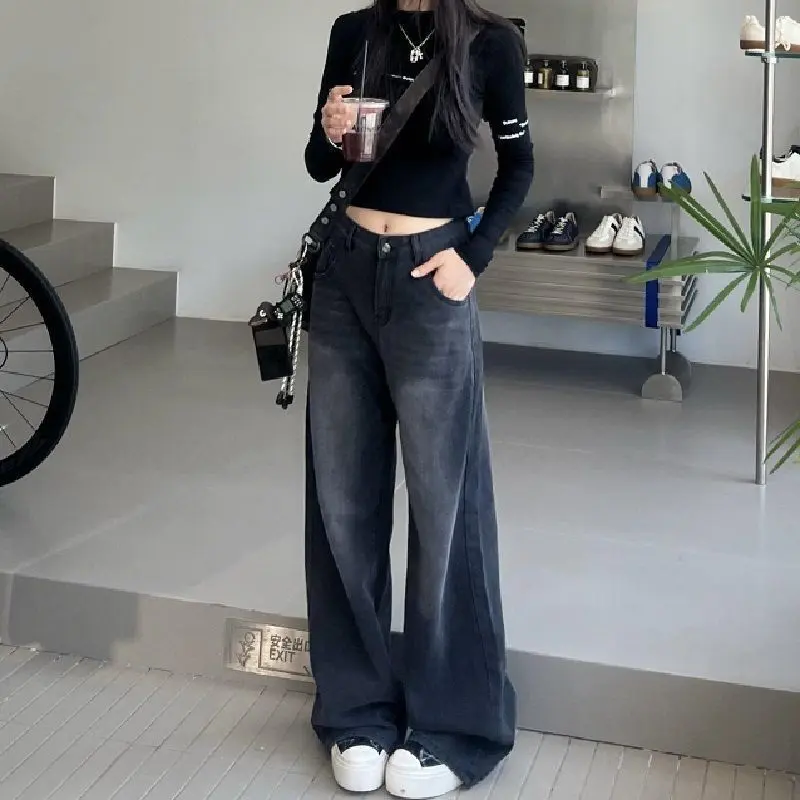 Vintage Style Distressed Wide Leg Jeans for Women Spring High Waist Loose Floor-Length Pants Black Gray Straight Leg Pants Long Trousers