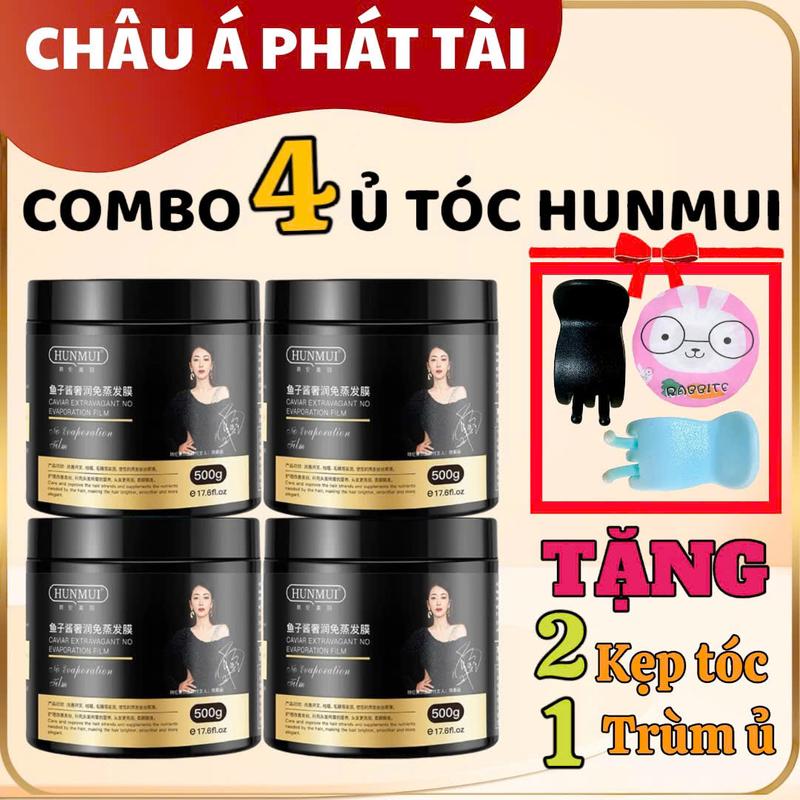[Combo 4 Hũ] Kem Ủ Tóc Hunmui Dưỡng Mềm Mượt, Phục Hồi Hư Tổn, Giãm Gãy Rụng 500g [Tặng 1 Mũ Trùm Đầu Và 2 Kẹp Tóc] Nữ