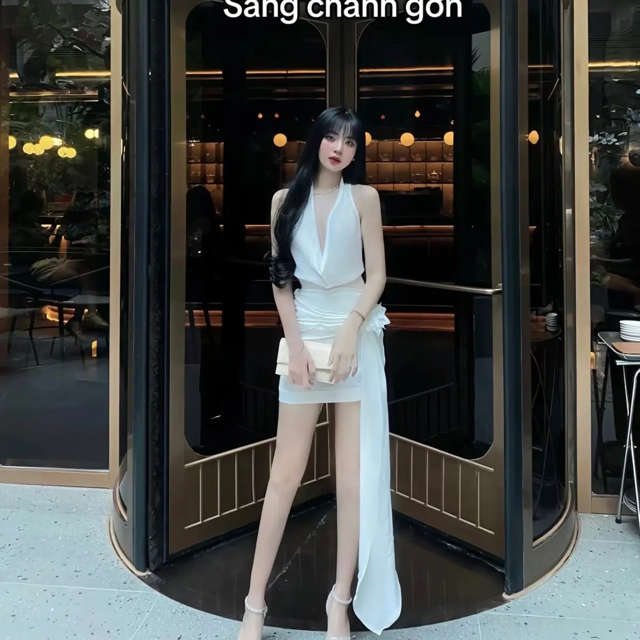 Váy thiết kế - Váy lụa cổ đổ kèm tà dài ở eo 937  ( không kèm hoa ) Nữ Women