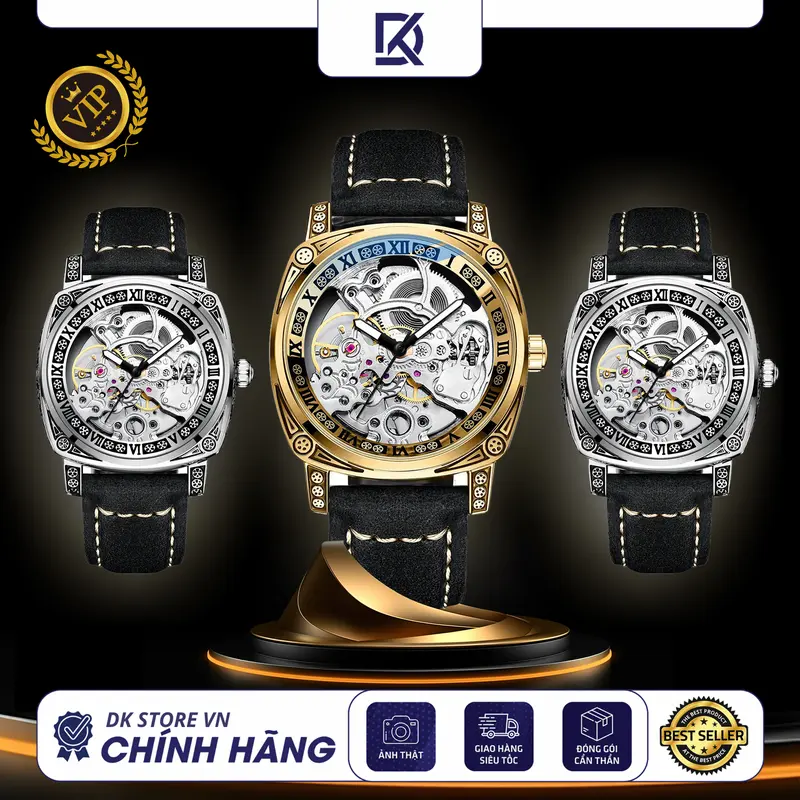 Đồng hồ cơ Automatic chính hãng BINBOND TV9 2024 thiết kế mới hoa văn cổ điển - Dây da lộn - Lộ cơ trước sau chống nước 30M 0