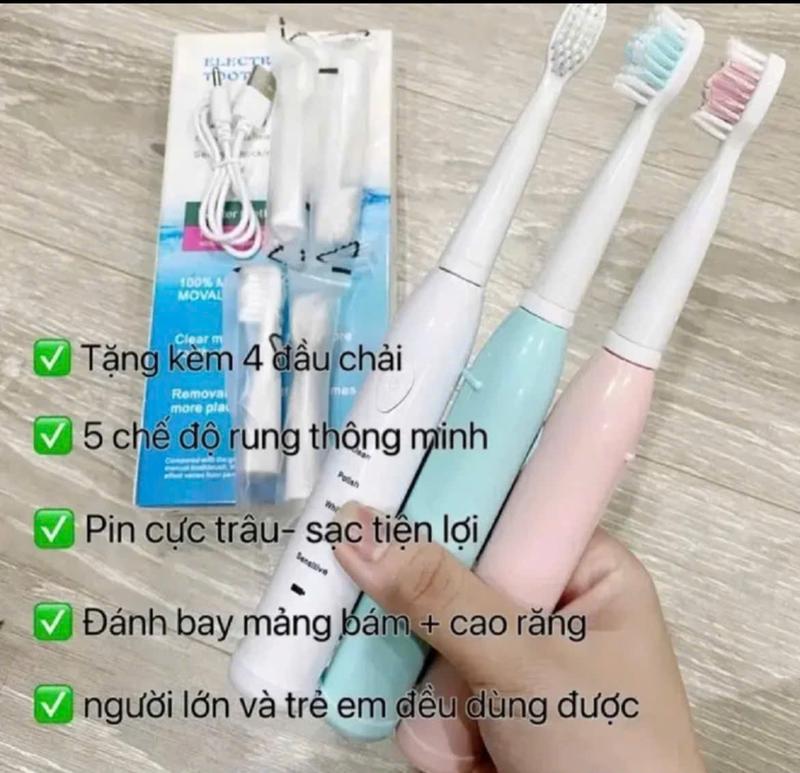Bàn Chải Đánh Răng Điện Vệ Sinh 5 Chế Độ Pin Sạc 1200MAH, Kèm Dây Cắm Sạc USD, Kèm Đầu Thay Thế Tiện Dụng, Kiểu Dáng Cute 3