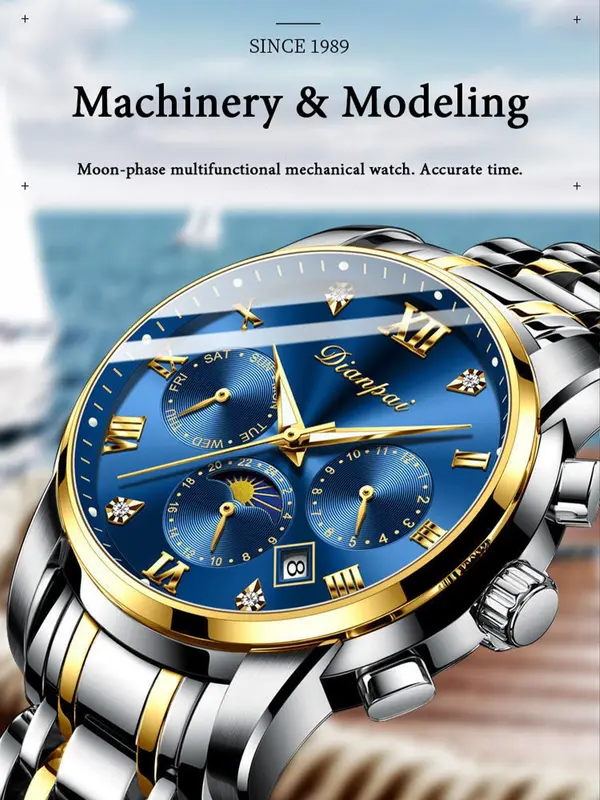 Men's Business Rhinestones Decorated Round Dial Calendar Mechanical Watch,  Waterproof Fashion Trendy Wristwatch, with Box 3