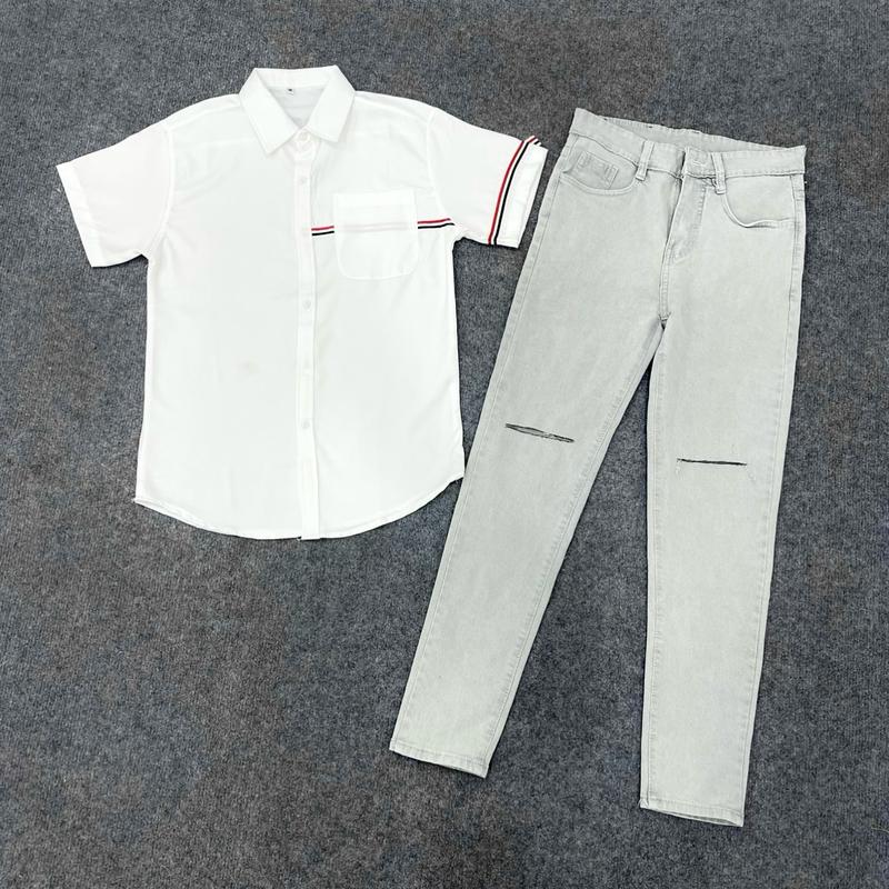 Combo Áo Sơ Mi Tay Ngắn SMTN04 Trắng Phối quần Jean Nam 211