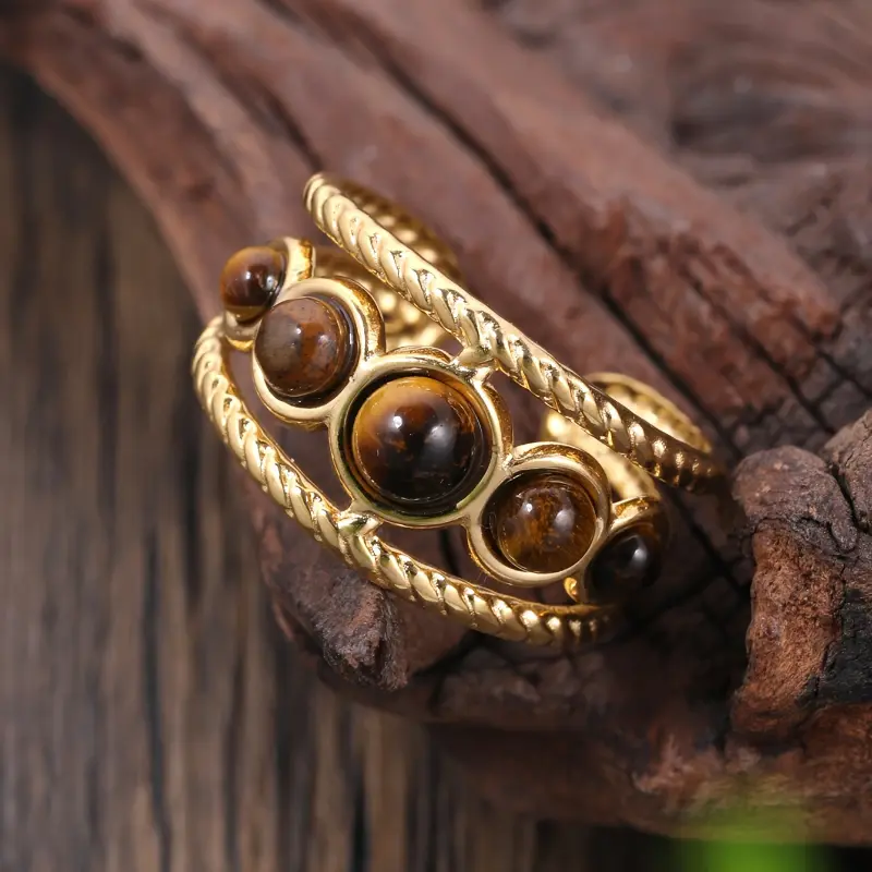Round Hollow Ring With An Opening Adjustment Set Natural Stone Stainless Steel Golden Simple Palace Style Gift Banquet Jewelry Light Luxury Ring 4