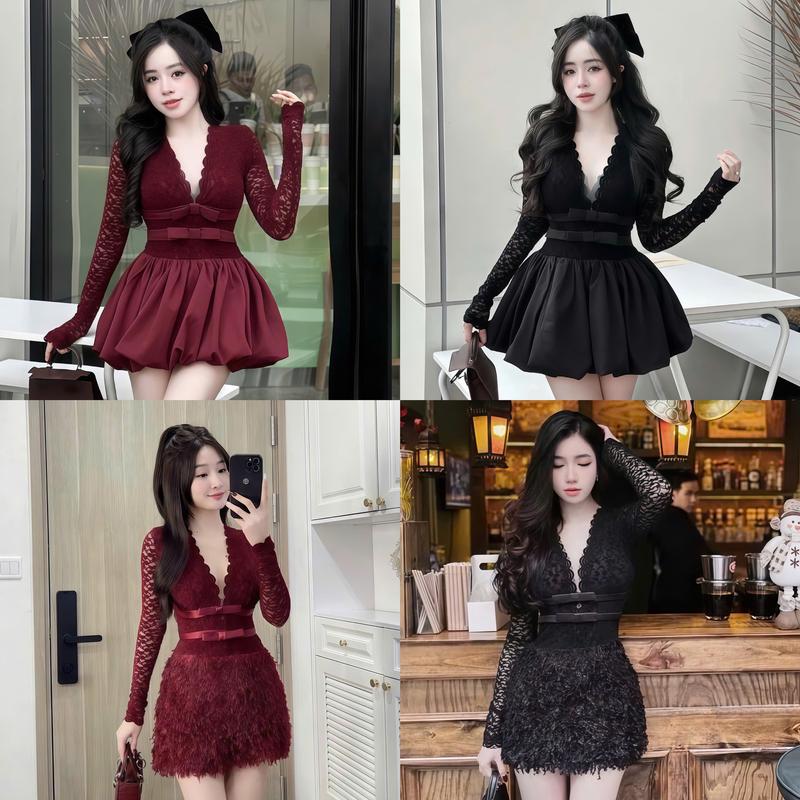 Đầm váy nữ ren tay dài váy lông ôm body chạy viền eo đính nơ sang chảnh siêu xinh dễ thương phù hợp cho các nàng diện đi tiệc đi du lịch