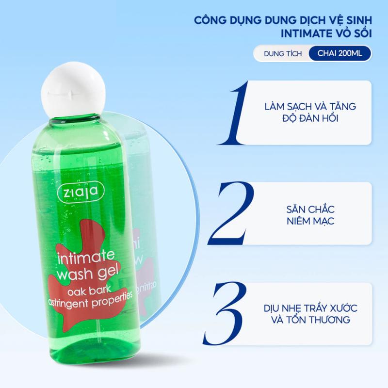 Dung dịch vệ sinh phụ nữ Intimate Ziaja Vỏ sồi giúp cân bằng độ pH tự nhiên, dưỡng ẩm sâu, làm dịu nhẹ, se khít, chai 200ml 0