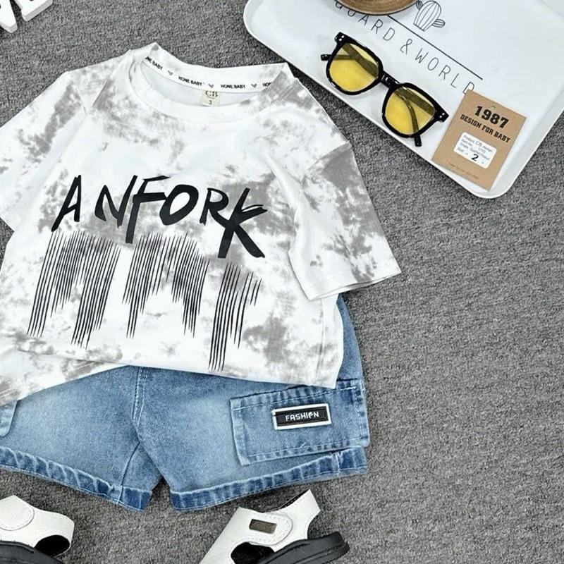 8-28kg Set quần jean túi kèm áo cotton tàu in tràn viền cho bé trai 7