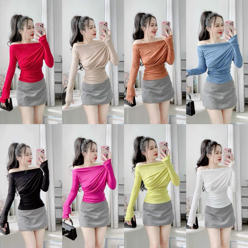 A65- Áo lệch vai Nữ cổ thuyền tay dài thun nhũ Women BIGSIZE Top Nhung Nho