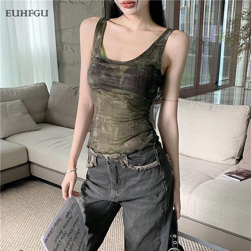 Product Introduction of Women's Summer Fashion Slim Cropped Top Sleeveless U-neck Backless Retro Pattern Printed Vest Simple Versatile Fabric Soft 26