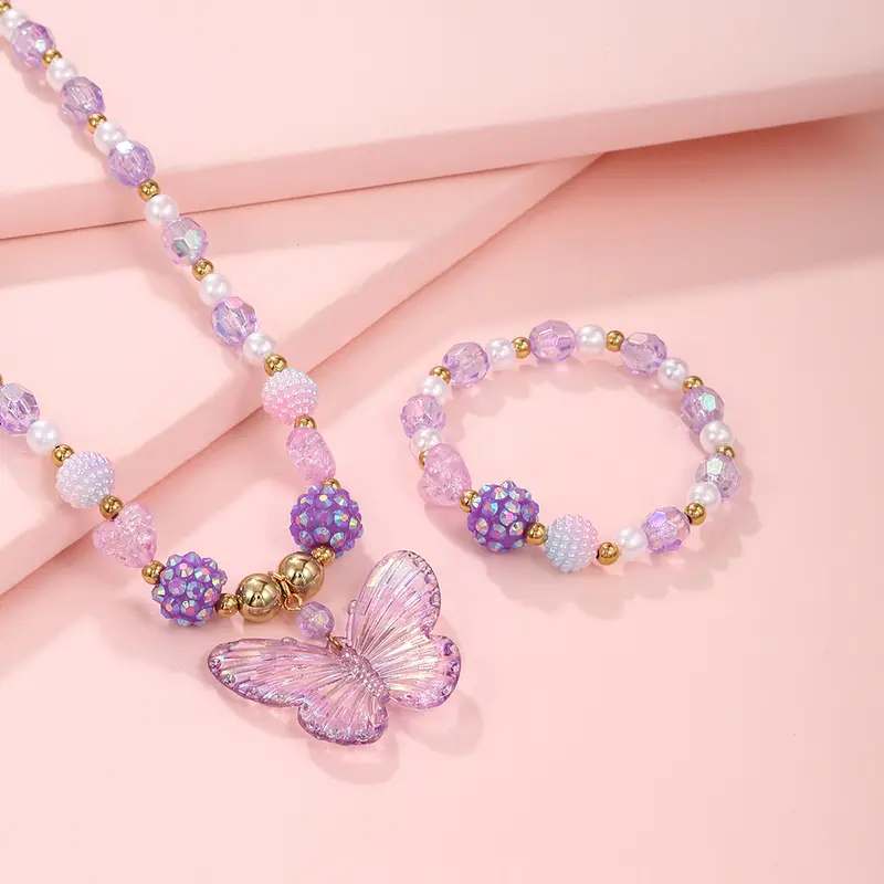 Vòng Cổ Pha Lê Cho Trẻ Em, Bán Chạy, Vòng Tay Công Chúa Cho Bé Gái, Bộ Trang Sức Ngọc Trai, Vòng Tay Bướm Hoạt Hình, Phụ Kiện, 1 Cái 3