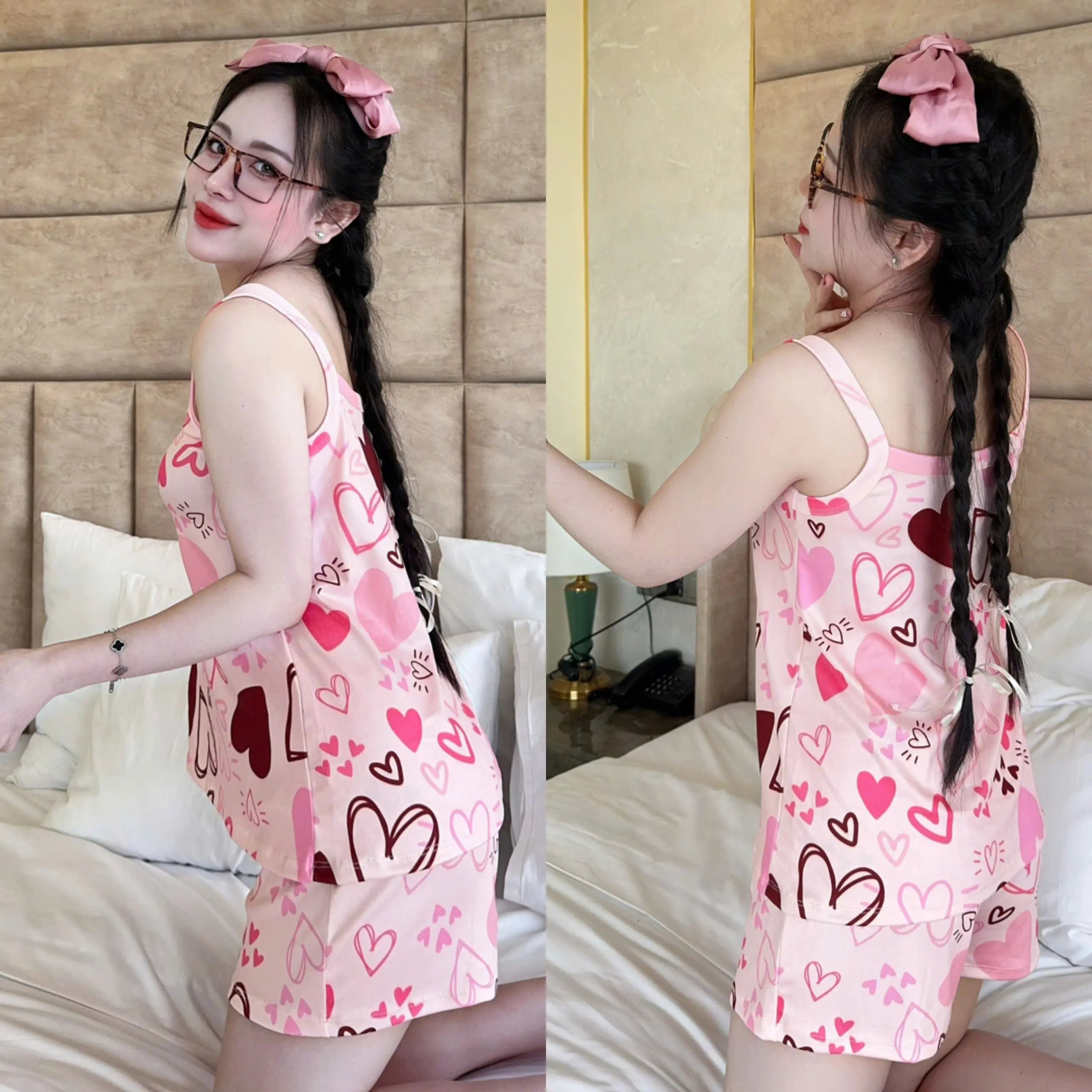 Bộ Đồ Ngủ Chất Tăm Lạnh In Hình 3D Quần Đùi Áo Dây Women