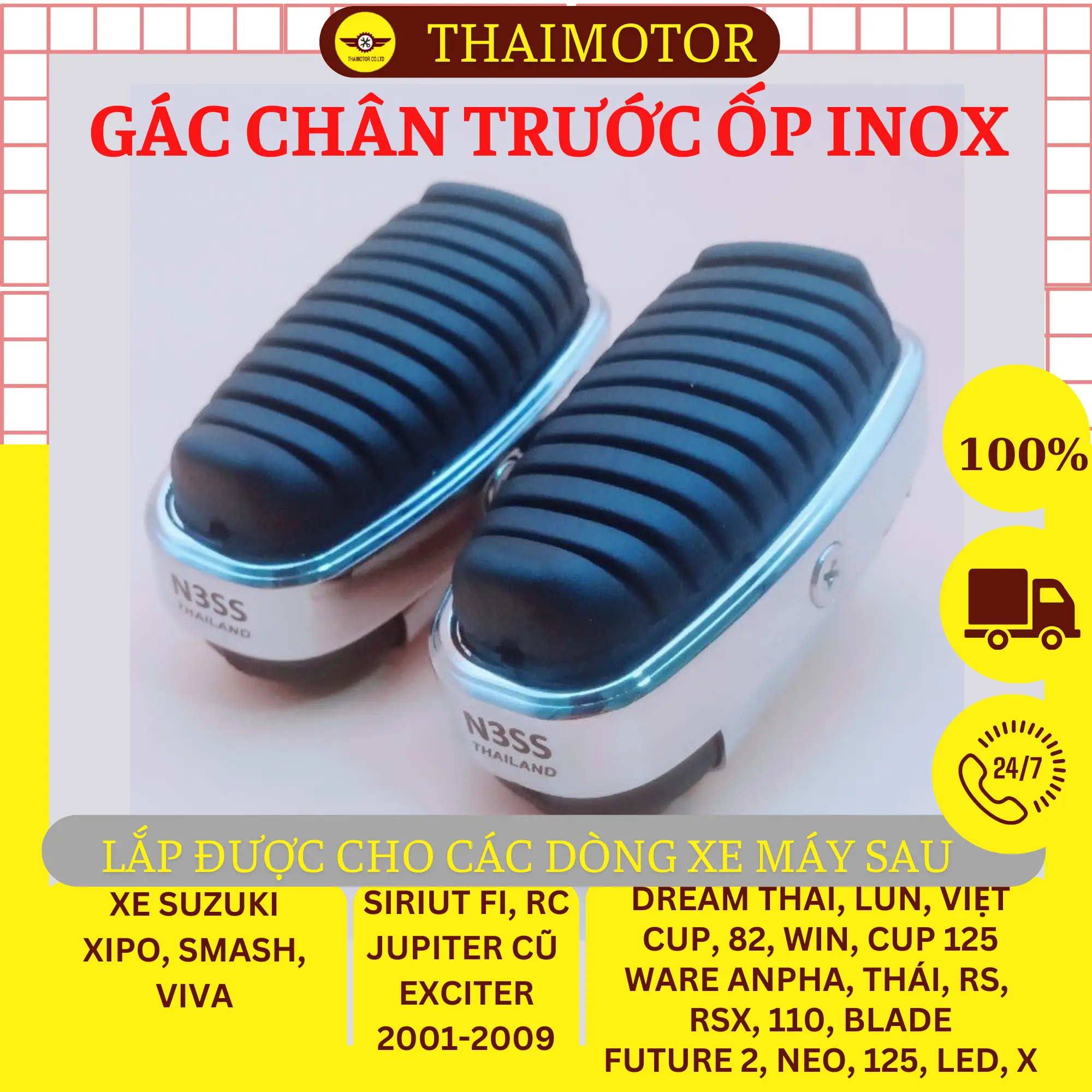 Cao su gác chân trước ốp inox, cao su để chân, gác chân trước cup gác chân cup 125  N3SS Thailand hàng cao cấp gắn được các dòng xe máy số Phụ Kiện Phụ Tùng