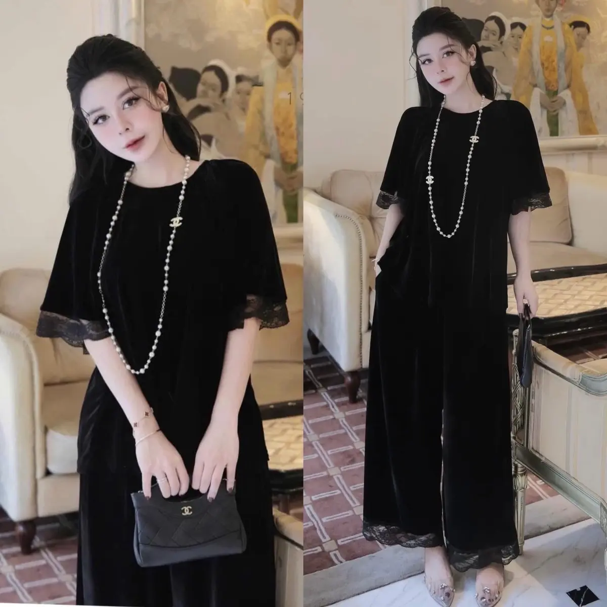Sét bộ Nhung Hàn Quần Dài _Cộc Tay Ren
