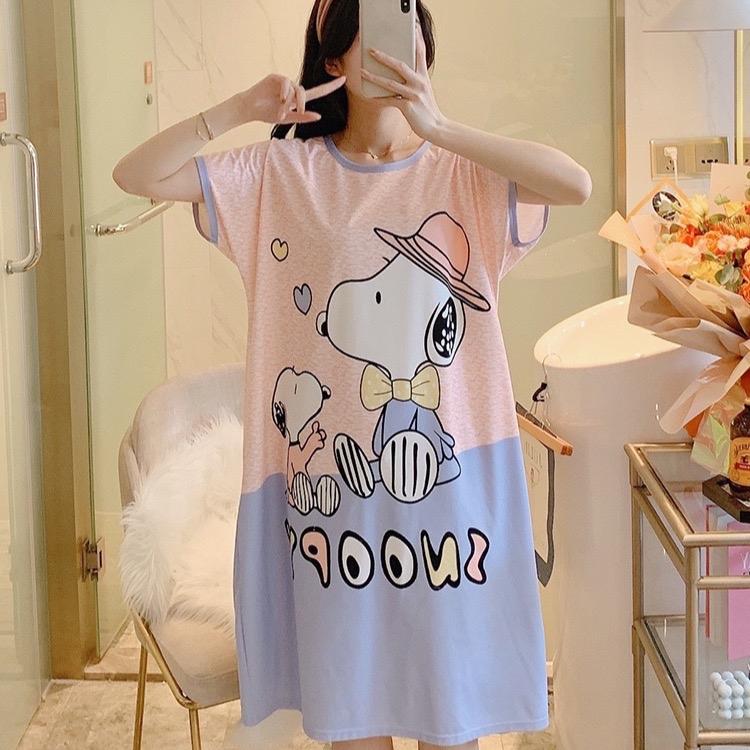 Alibama Váy ngủ bigsize nữ đầm ngủ mặc nhà size 50kg - 95kg Cotton Polyester Lụa Trơn Có hoa Kẻ sọc Mùa đông Mùa hè Polka Dot Có hoa Mùa đông Dress Women Thun Nhung Voi Kem họa tiết Snoopy dễ thương thoải mái và phong cách