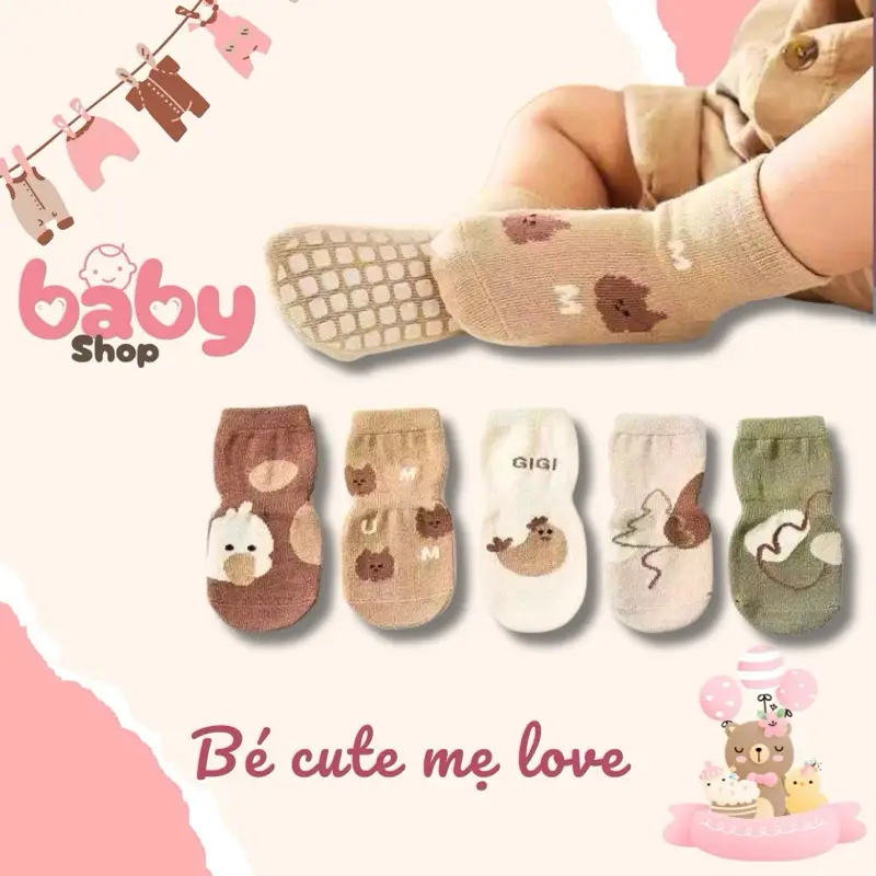 [Bộ 5 - 10 Đôi] Tất, Vớ Chống Trơn Trượt, Hình Thú, Hình Ngẫu Nhiên Cho Bé Trai Và Bé Gái Sơ Sinh Từ 0 - 3 Tuổi,  Baby Shop vải thun hình dạng