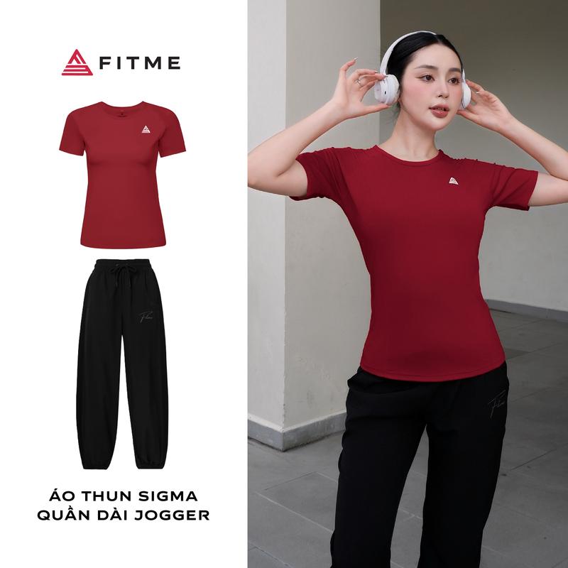 Bộ đồ tập gym yoga Fitme áo thun Sigma thoáng khí Đỏ, quần dài Jogger Đen logo thêu ống rộng cao cấp
