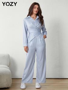 YOZY Women's Striped Print Button Front Wrap Tie Back Jumpsuit, Casual Long Sleeve Collared Jumpsuit for Spring & Fall, Ladies Clothes for Daily Wear