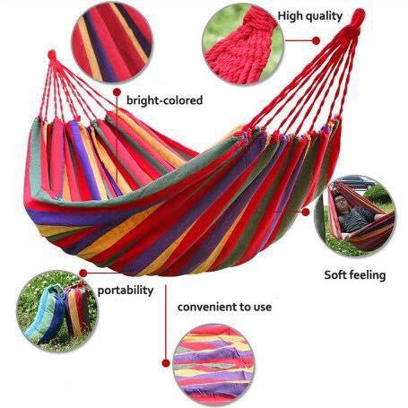 Product Introduction of Double Outdoor Portable Hammock for Sports, Travel, Camping and Hiking - Durable Canvas Material - Available in Red and Blue 6