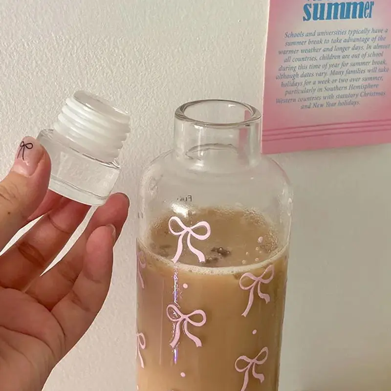 Bình Nước Nhựa, 500ML, Thiết Kế Hình Nơ Kawaii, Có Thang Đo Thời Gian, Trong Suốt, Thích Hợp Cho Các Môn Thể Thao Ngoài Trời Và Trường Học, Bình Nước Uống 3