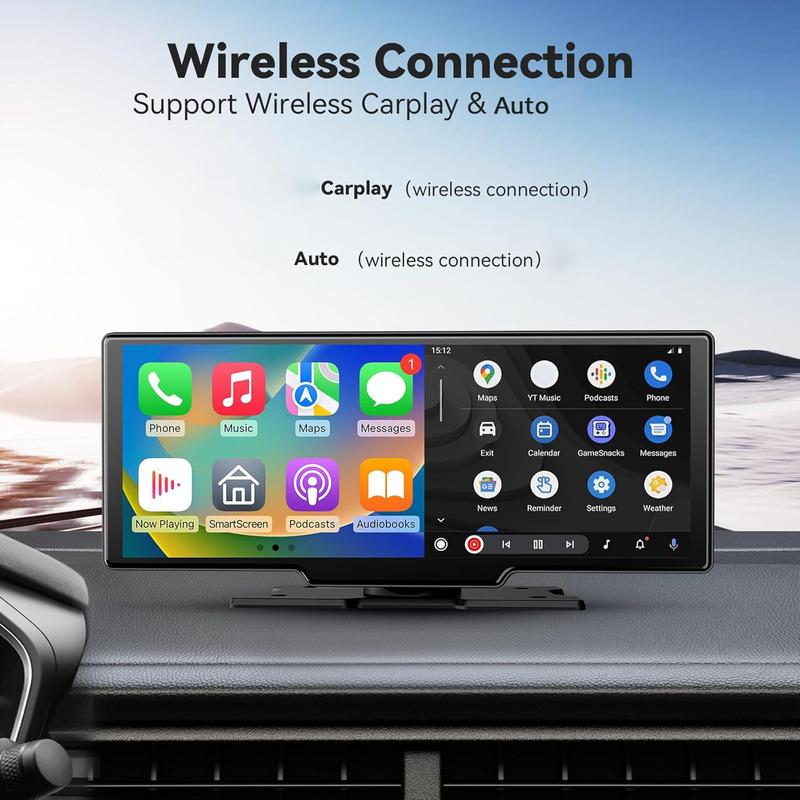 Product Introduction of 10.2 Inch Wireless Car Player, Portable Car Player with Adjustable & Detachable Mount, 4K Dash Cam & 1080P Backup Camera, HD IPS Touchscreen, GPS Navigation, Bluetooth-compatible, Car Stereo, Radio 3