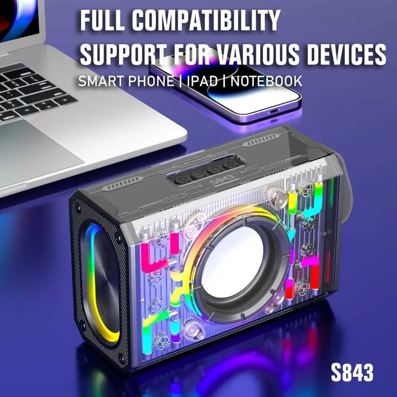 LENYES Speaker Wireless S843 20W RGB Transparan V5.3 HiFi Bass Sound Tws Support FM Radio 4