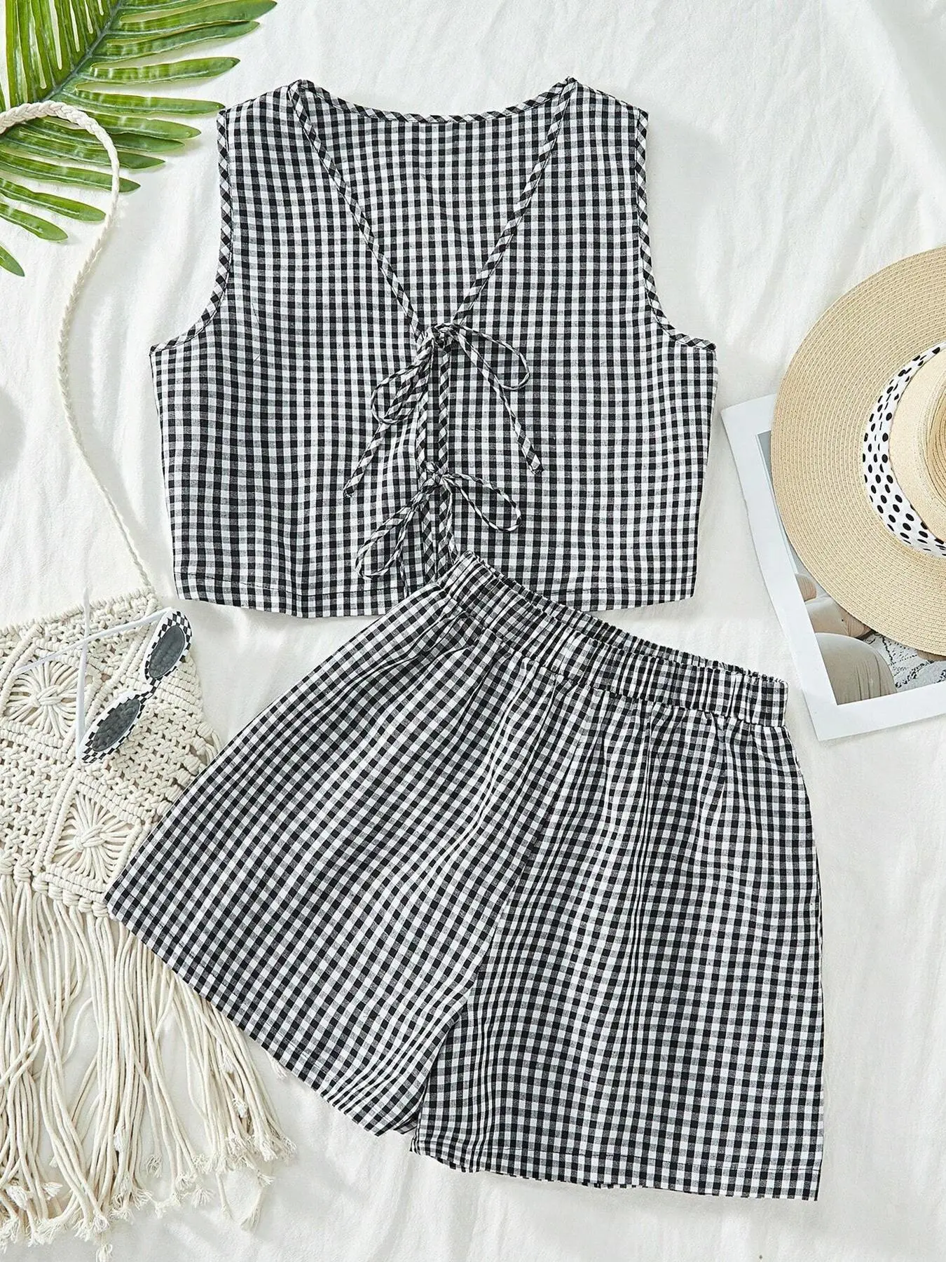 Women's Plaid Print Tank Top & Shorts Two-Piece Set, Casual Sleeveless Top & Shorts for Summer, Ladies Clothes for Daily Wear, Clothing