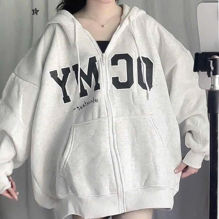 Áo Khoác nỉ ngoại có mũ 2 lớp dành cho nam nữ form đại màu xám trắng - Khoác Nỉ OCMY