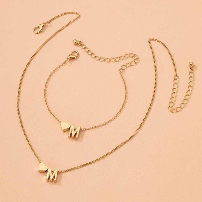 Product Introduction of Tiny Letter Pendant Necklace & Chain Bracelet With Heart Shape Pendant Lovely Jewelry Set 7